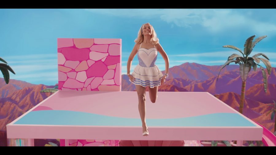 white and blue flared mini dress - Margot Robbie) - Barbie (2023) Movie