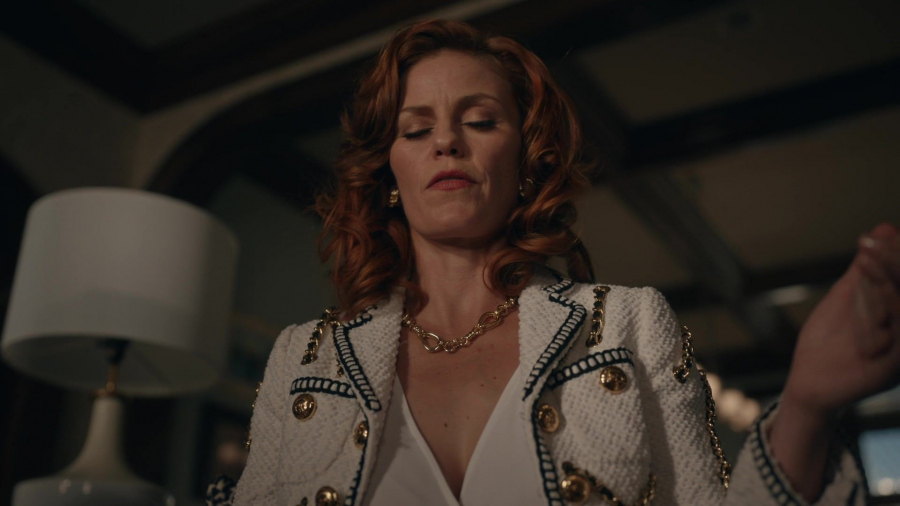 double-breasted tweed blazer with gold buttons - Cassidy Freeman (Amber Gemstone) - The Righteous Gemstones TV Show