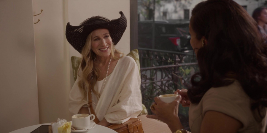 white dress, wide brim hat and pearl necklace - Sarah Jessica Parker (Carrie Bradshaw) - And Just Like That... TV Show