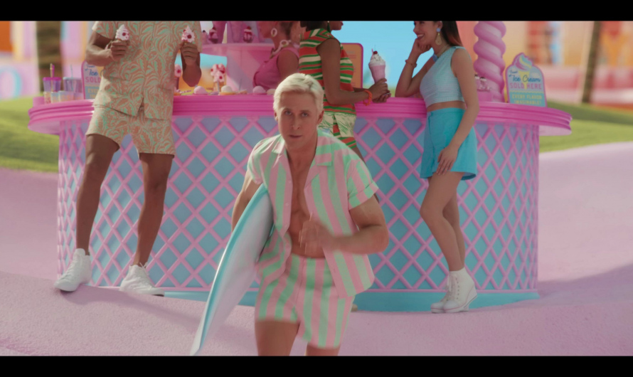 Striped Pink and Green Shirt and Shorts Set Worn by Ryan Gosling