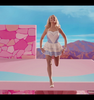 White and Blue Flared Mini Dress Worn by Margot Robbie Outfit Barbie (2023) Movie