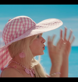 Pink Gingham Sun Hat Worn by Actress Margot Robbie Outfit Barbie (2023) Movie