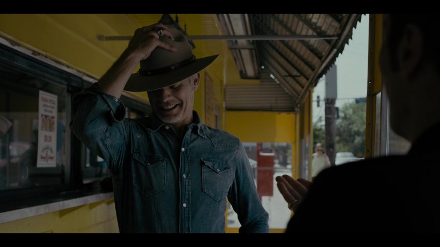 blue denim shirt - Timothy Olyphant (Deputy U.S. Marshal Raylan Givens) - Justified: City Primeval TV Show