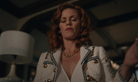 Double-Breasted Tweed Blazer with Gold Buttons Worn by Cassidy Freeman as Amber Gemstone Outfit The Righteous Gemstones TV Show
