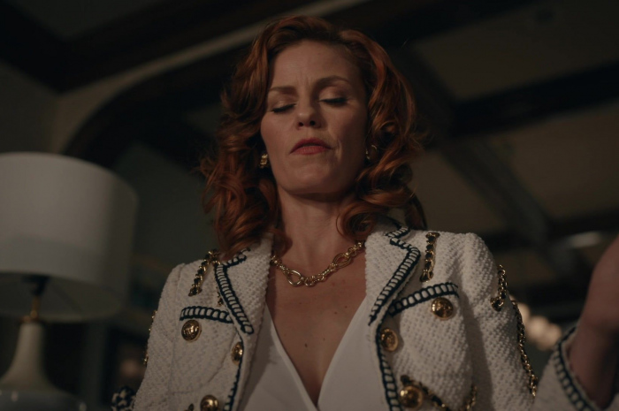 Double-Breasted Tweed Blazer with Gold Buttons Worn by Cassidy Freeman as Amber Gemstone Outfit The Righteous Gemstones TV Show