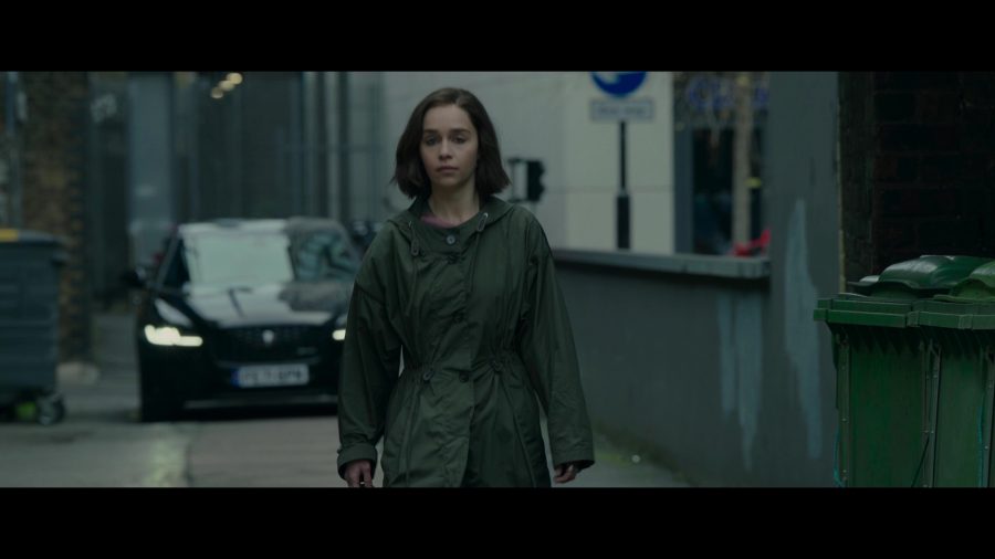 green rain coat jacket with hood - Emilia Clarke (G'iah) - Secret Invasion TV Show