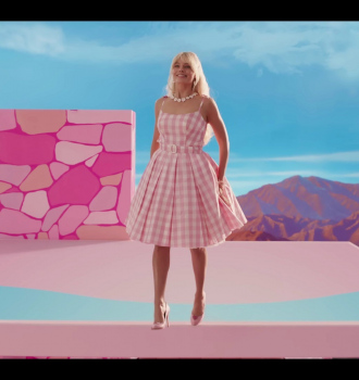 Pink and White Checked Dress Worn by Margot Robbie Outfit Barbie (2023) Movie