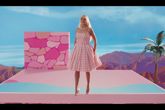 Pink and White Checked Dress Worn by Margot Robbie Outfit Barbie (2023) Movie