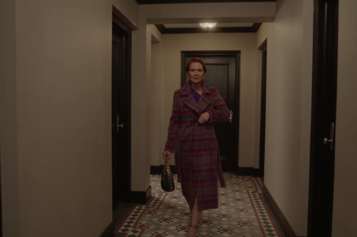 Purple Plaid Coat of Cynthia Nixon as Miranda Hobbes Outfit And Just Like That... TV Show