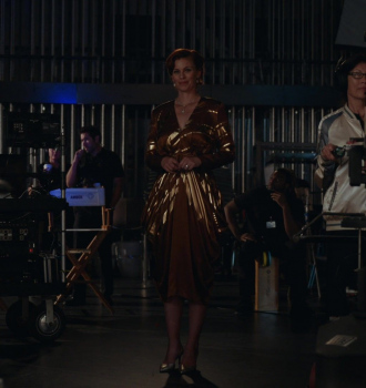 Brown Metallic Midi Dress of Cassidy Freeman as Amber Gemstone Outfit The Righteous Gemstones TV Show