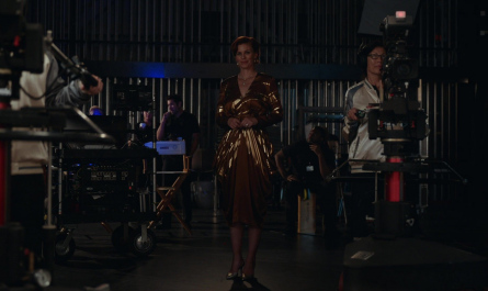 Brown Metallic Midi Dress of Cassidy Freeman as Amber Gemstone Outfit The Righteous Gemstones TV Show