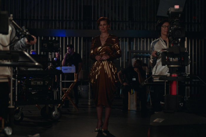 Brown Metallic Midi Dress of Cassidy Freeman as Amber Gemstone Outfit The Righteous Gemstones TV Show