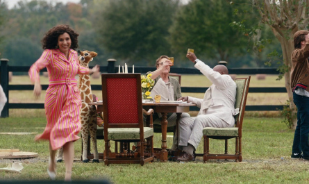 Regular Collar Button-up Front Tie Belt at Waist Striped Design Dress of Edi Patterson as Judy Gemstone Outfit The Righteous Gemstones TV Show