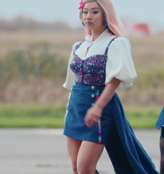 Blue Mini Skirt of Stephanie Hsu Outfit Joy Ride (2023) Movie