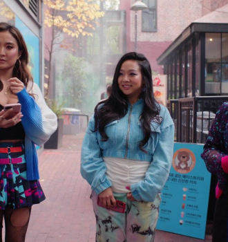 Blue Crop Jacket of Stephanie Hsu as Kat Huang Outfit Joy Ride (2023) Movie