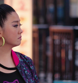 Neon Yellow Square Hoop Earrings of Sherry Cola as Lolo Chen Outfit Joy Ride (2023) Movie