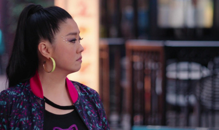 Neon Yellow Square Hoop Earrings of Sherry Cola as Lolo Chen Outfit Joy Ride (2023) Movie