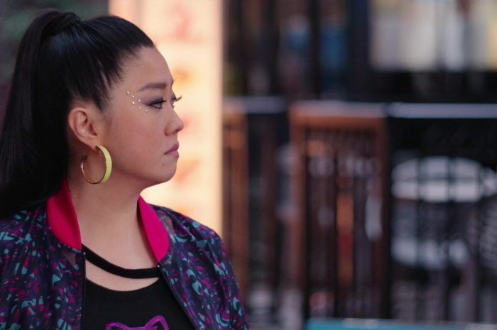 Neon Yellow Square Hoop Earrings of Sherry Cola as Lolo Chen Outfit Joy Ride (2023) Movie