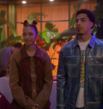 Blue Denim Print Waxed Jacket Worn by Marcus Scribner as Andre Johnson, Jr. Outfit Grown-ish TV Show
