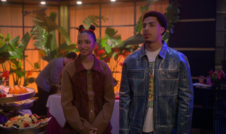 Blue Denim Print Waxed Jacket Worn by Marcus Scribner as Andre Johnson, Jr. Outfit Grown-ish TV Show