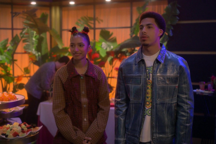 Blue Denim Print Waxed Jacket Worn by Marcus Scribner as Andre Johnson, Jr. Outfit Grown-ish TV Show