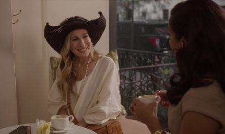 White Dress, Wide Brim Hat and Pearl Necklace of Sarah Jessica Parker as Carrie Bradshaw Outfit And Just Like That... TV Show