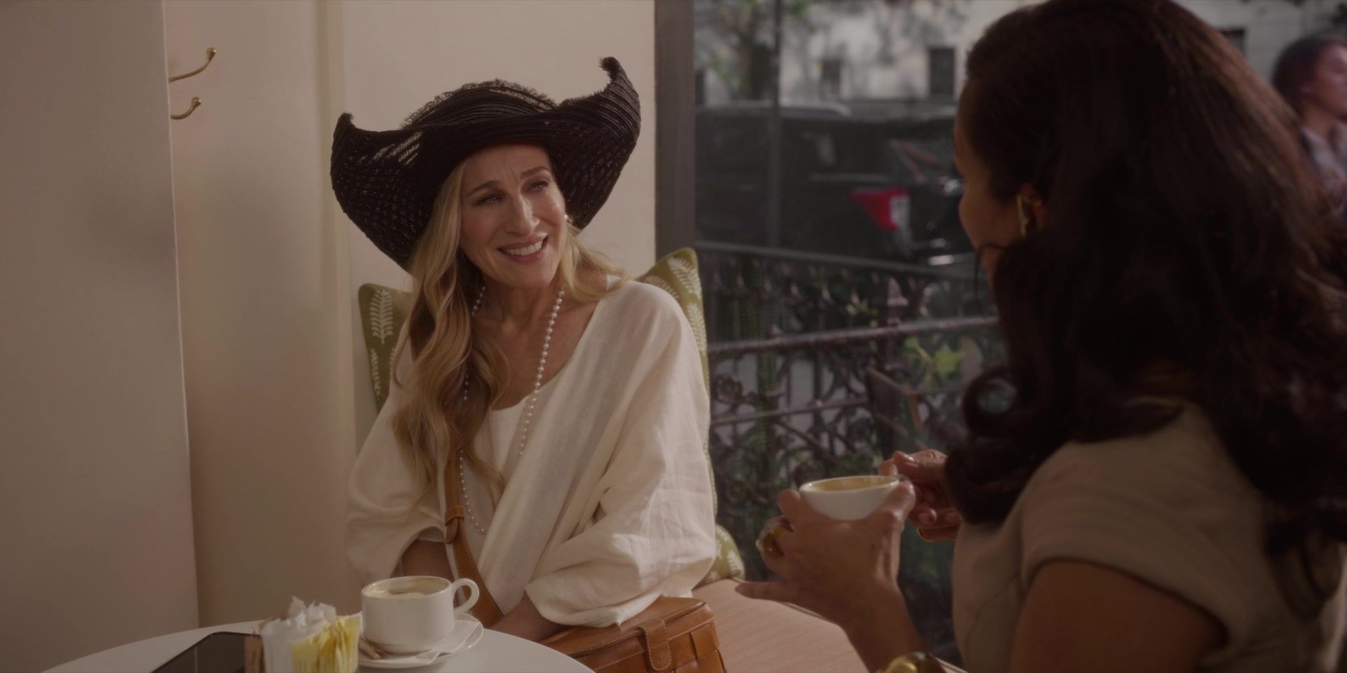 White Dress, Wide Brim Hat and Pearl Necklace of Sarah Jessica Parker as Carrie Bradshaw