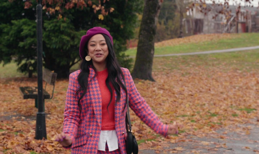 Pink and Black Houndstooth Pattern Blazer Jacket Worn by Stephanie Hsu as Kat Huang
