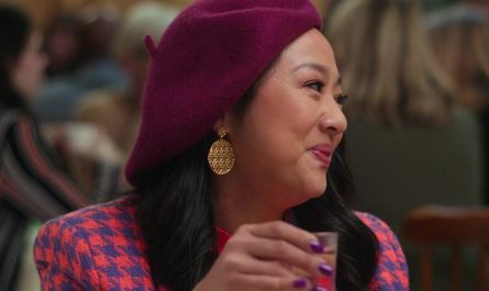 Gold Earrings of Stephanie Hsu as Kat Huang Outfit Joy Ride (2023) Movie