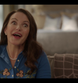 Blue Floral Knit Cardigan Worn by Kristin Davis as Charlotte York Goldenblatt Outfit And Just Like That... TV Show