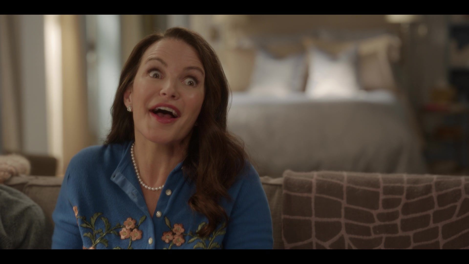 Blue Floral Knit Cardigan Worn by Kristin Davis as Charlotte York Goldenblatt