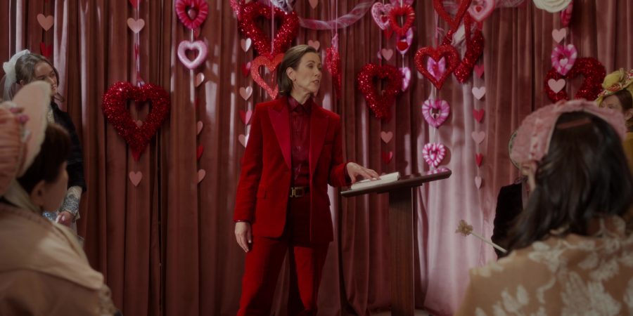 red velvet jacket and pants suit - Miriam Shor (Amelia Carsey) - And Just Like That... TV Show