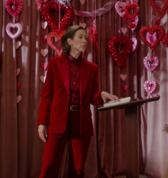 Red Velvet Jacket and Pants Suit Worn by Miriam Shor as Amelia Carsey Outfit And Just Like That... TV Show