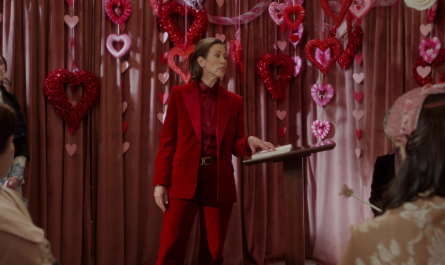 Red Velvet Jacket and Pants Suit Worn by Miriam Shor as Amelia Carsey Outfit And Just Like That... TV Show