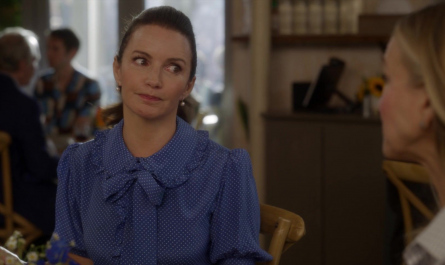 Blue Polka Dot Blouse of Kristin Davis as Charlotte York Goldenblatt Outfit And Just Like That... TV Show