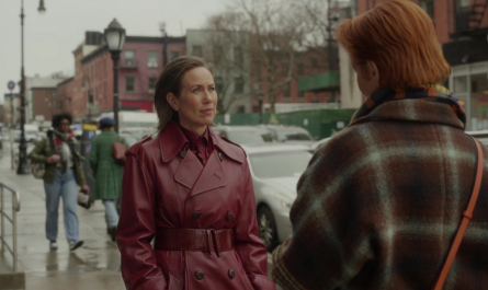 Red Leather Coat of Miriam Shor as Amelia Carsey Outfit And Just Like That... TV Show