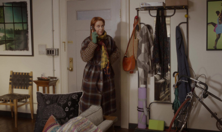 Brown Plaid Patchwork Coat Worn by Cynthia Nixon as Miranda Hobbes Outfit And Just Like That... TV Show