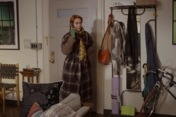 Brown Plaid Patchwork Coat Worn by Cynthia Nixon as Miranda Hobbes Outfit And Just Like That... TV Show