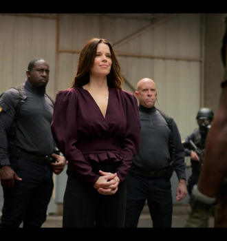 V-Neck Long Sleeve Pleated Top Worn by Neve Campbell as Raven Outfit Twisted Metal TV Show