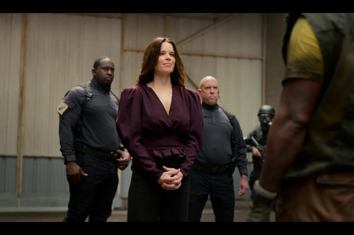 V-Neck Long Sleeve Pleated Top Worn by Neve Campbell as Raven Outfit Twisted Metal TV Show