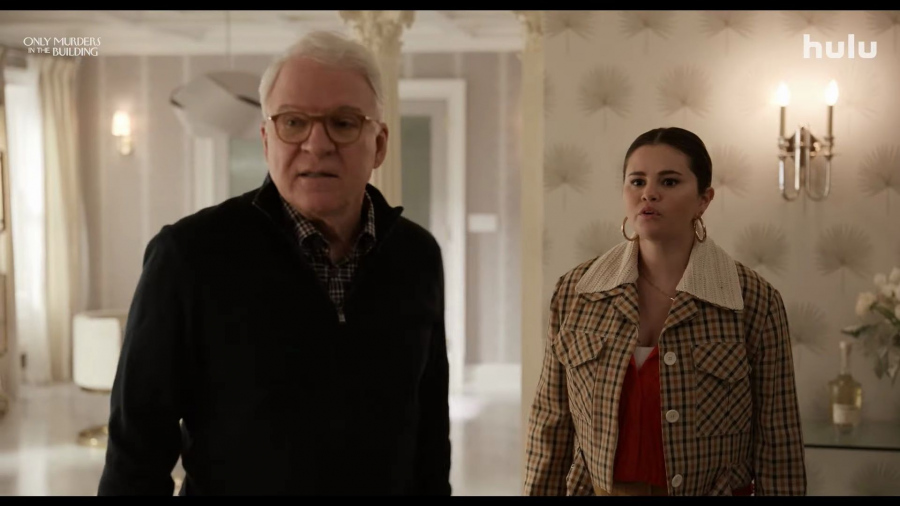 check pattern wool-blend twill beige jacket - Selena Gomez (Mabel Mora) - Only Murders in the Building TV Show