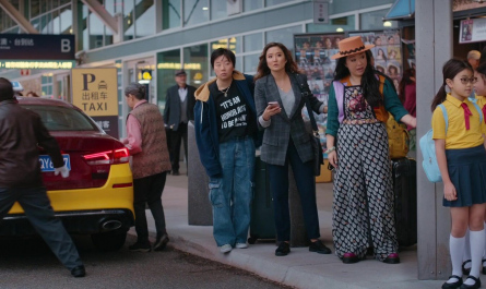 Embroidered Black Floral Motif Overall Wide-Leg Jumpsuit of Sherry Cola as Lolo Chen Outfit Joy Ride (2023) Movie