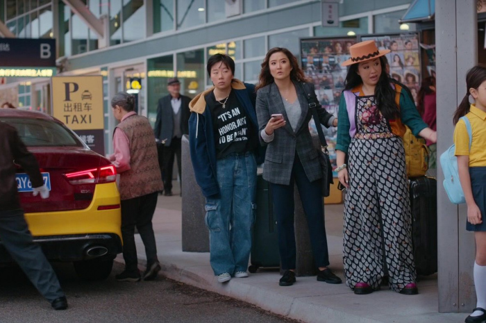 Embroidered Black Floral Motif Overall Wide-Leg Jumpsuit of Sherry Cola as Lolo Chen Outfit Joy Ride (2023) Movie