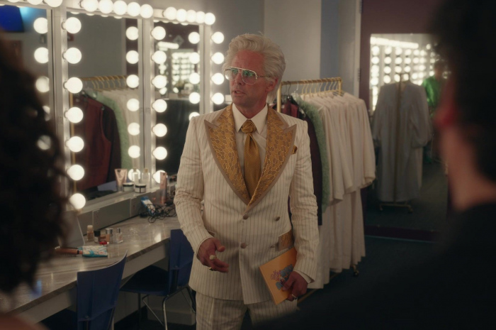 White Gold Glitter Jacquard Double breasted Striped Suit Worn by Walton Goggins as Baby Billy Freeman Outfit The Righteous Gemstones TV Show