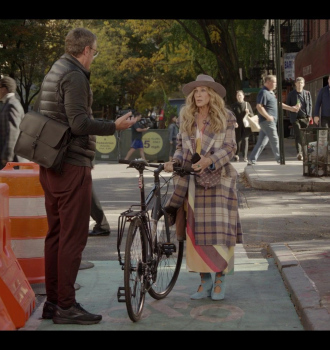 Fedora Hat, Plaid Coat and Suede High Heels of Sarah Jessica Parker as Carrie Bradshaw Outfit And Just Like That... TV Show