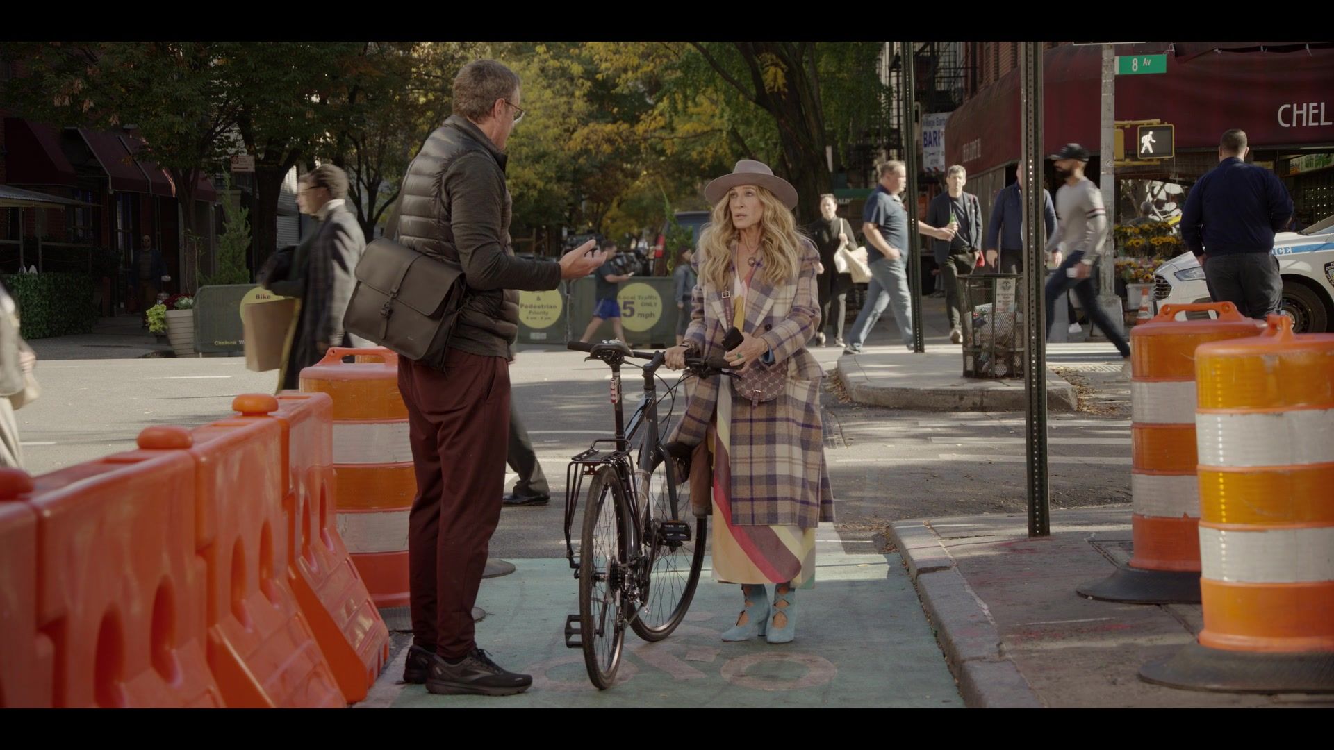 Fedora Hat, Plaid Coat and Suede High Heels of Sarah Jessica Parker as Carrie Bradshaw