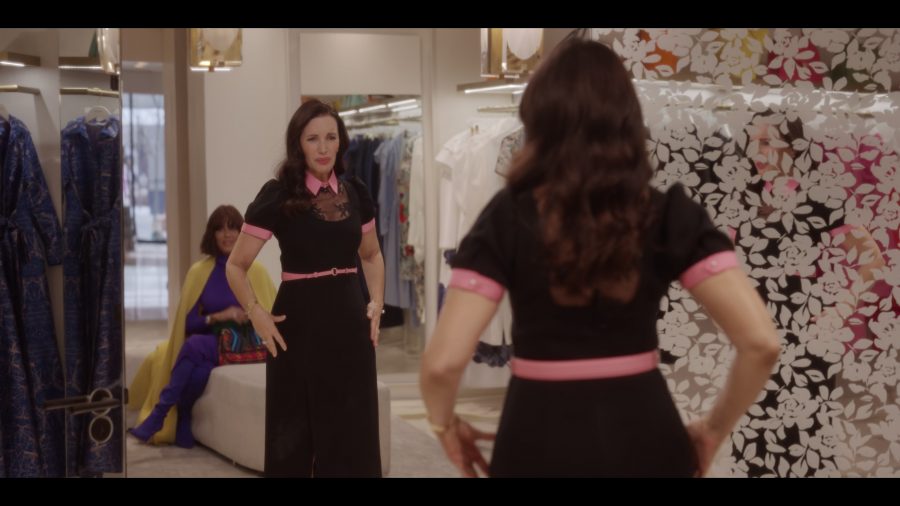 black pencil dress with pink collar and belt - Kristin Davis (Charlotte York Goldenblatt) - And Just Like That... TV Show