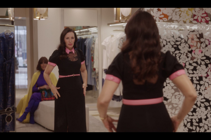 Black Pencil Dress With Pink Collar and Belt Worn by Kristin Davis as Charlotte York Goldenblatt Outfit And Just Like That... TV Show