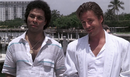 Striped Short Sleeve Shirt Worn by Philip Michael Thomas as Detective Ricardo "Rico" Tubbs Outfit Miami Vice TV Show