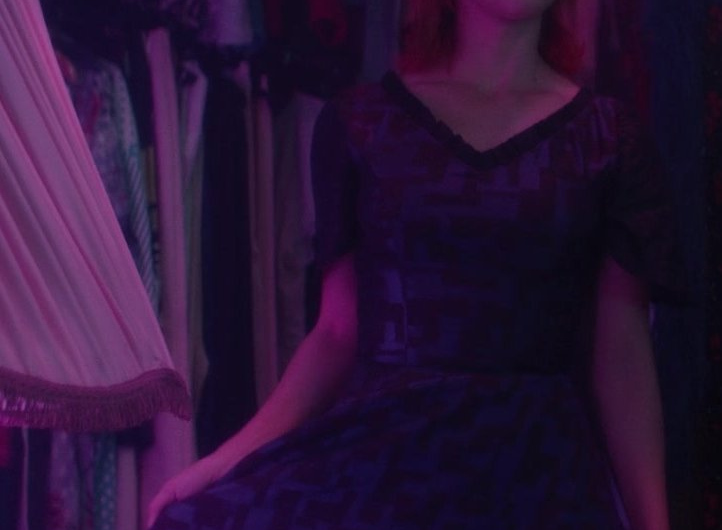 Blue Graphic Pattern Dress of Emily Rudd as Nami